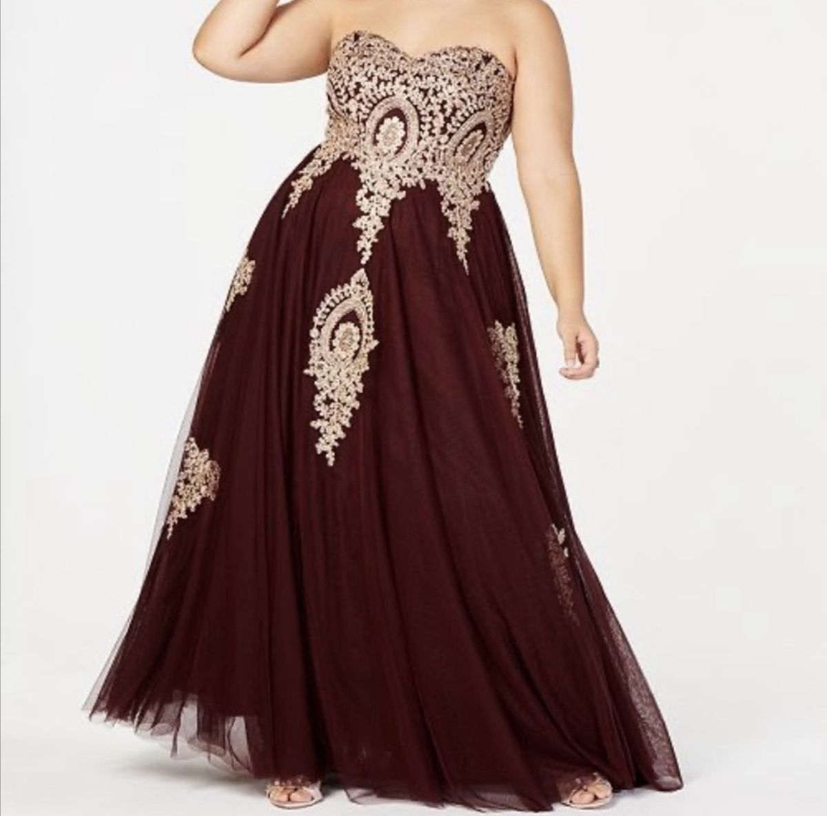 Say yes to the prom Plus Size 18 Prom Strapless Lace Burgundy Gold Ball Gown on Queenly