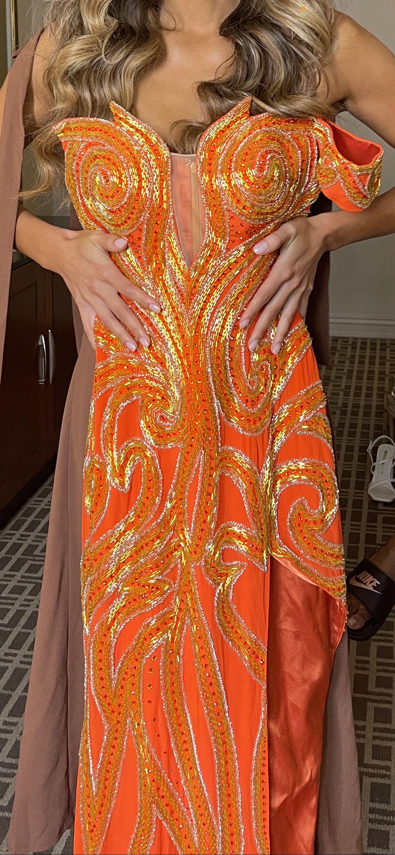 Custom Orange Size 0 Plunge Cut Out Pageant Sequin Side slit Dress on Queenly