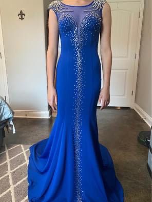 Size 4 Pageant Plunge Sequined Royal Blue Dress With Train on Queenly