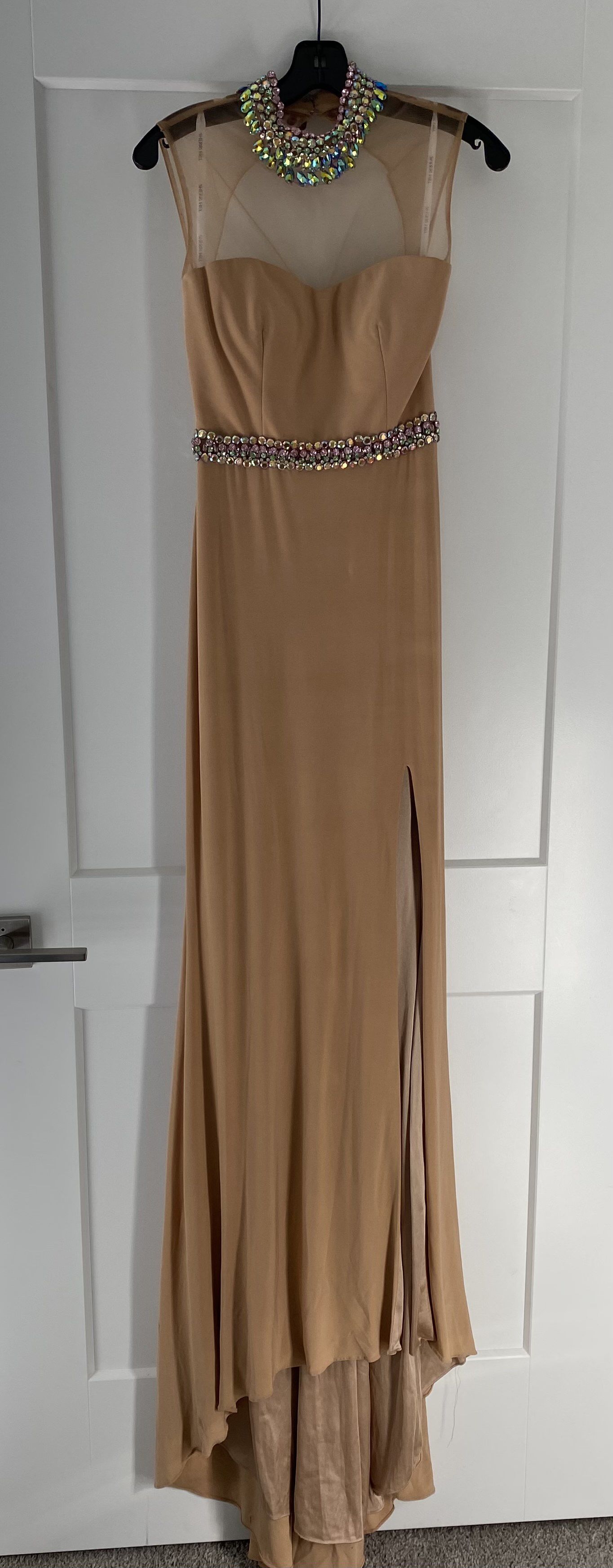 Sherri Hill Size 2 Bridesmaid High Neck Sequined Nude Side Slit Dress on Queenly