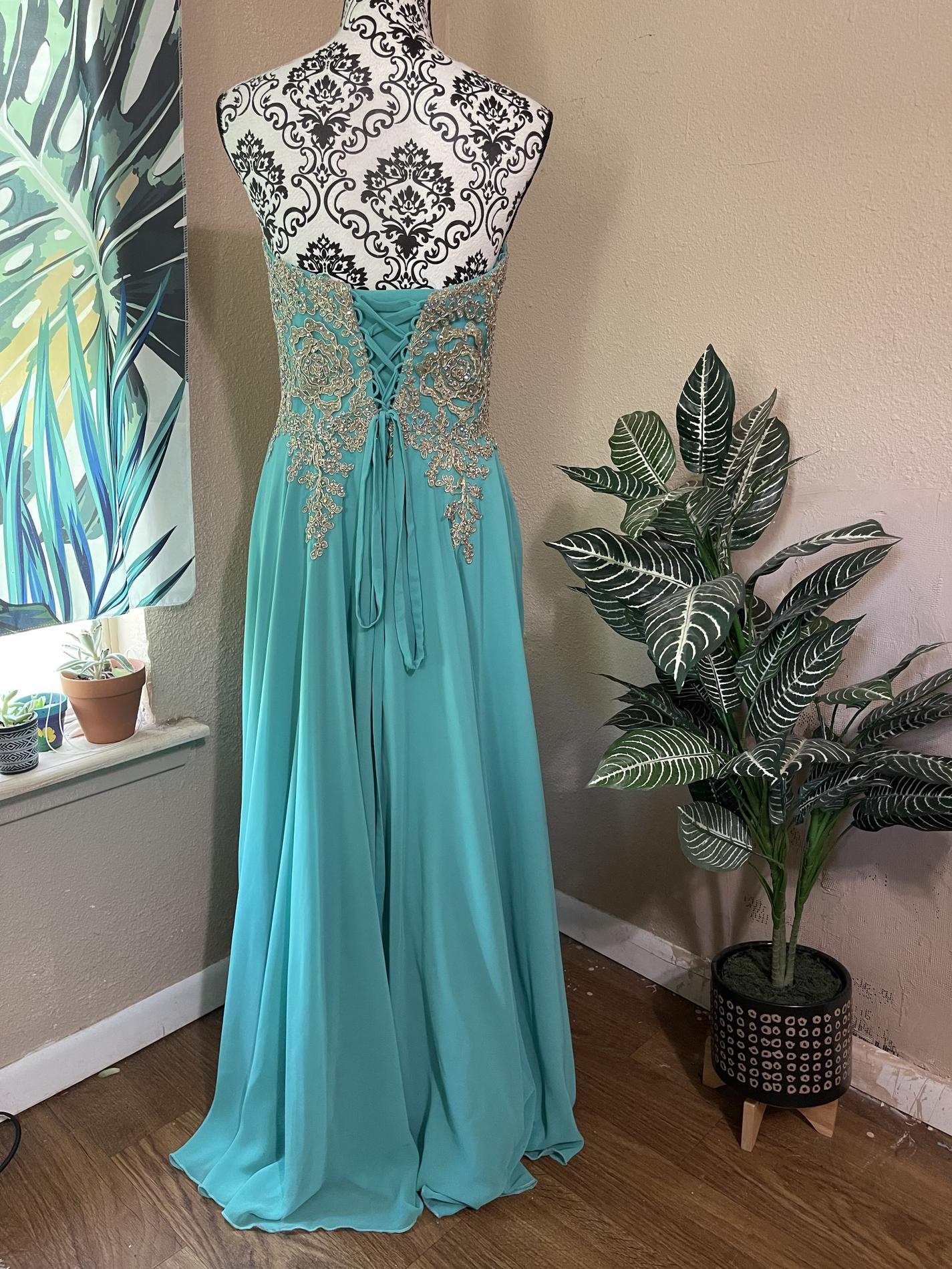 Size 6 Bridesmaid Lace Turquoise Blue Floor Length Maxi on Queenly