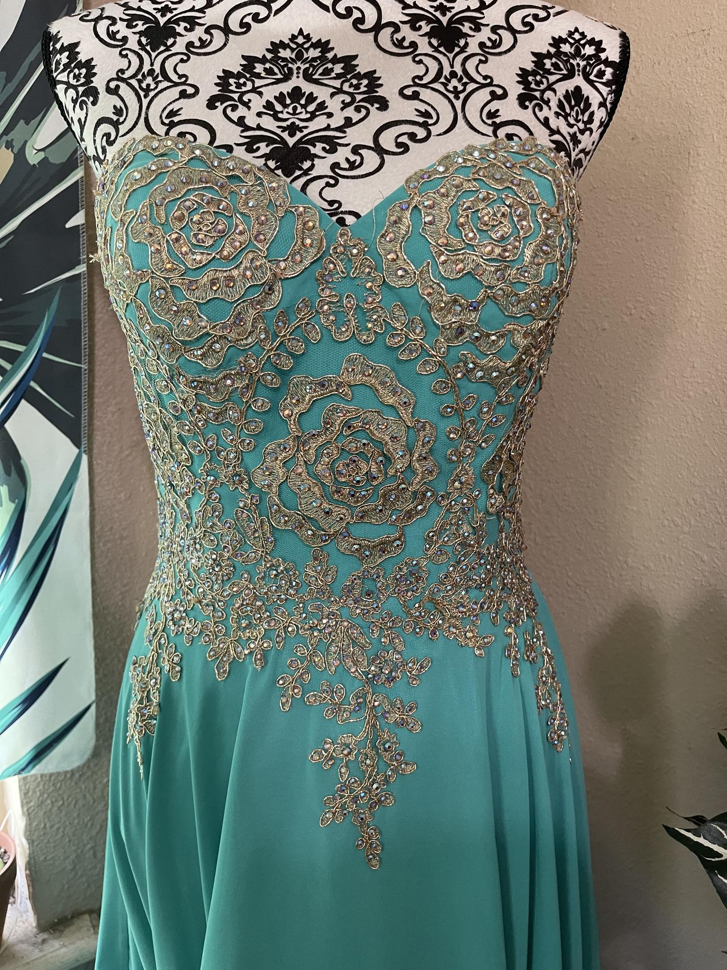 Size 6 Bridesmaid Lace Turquoise Blue Floor Length Maxi on Queenly