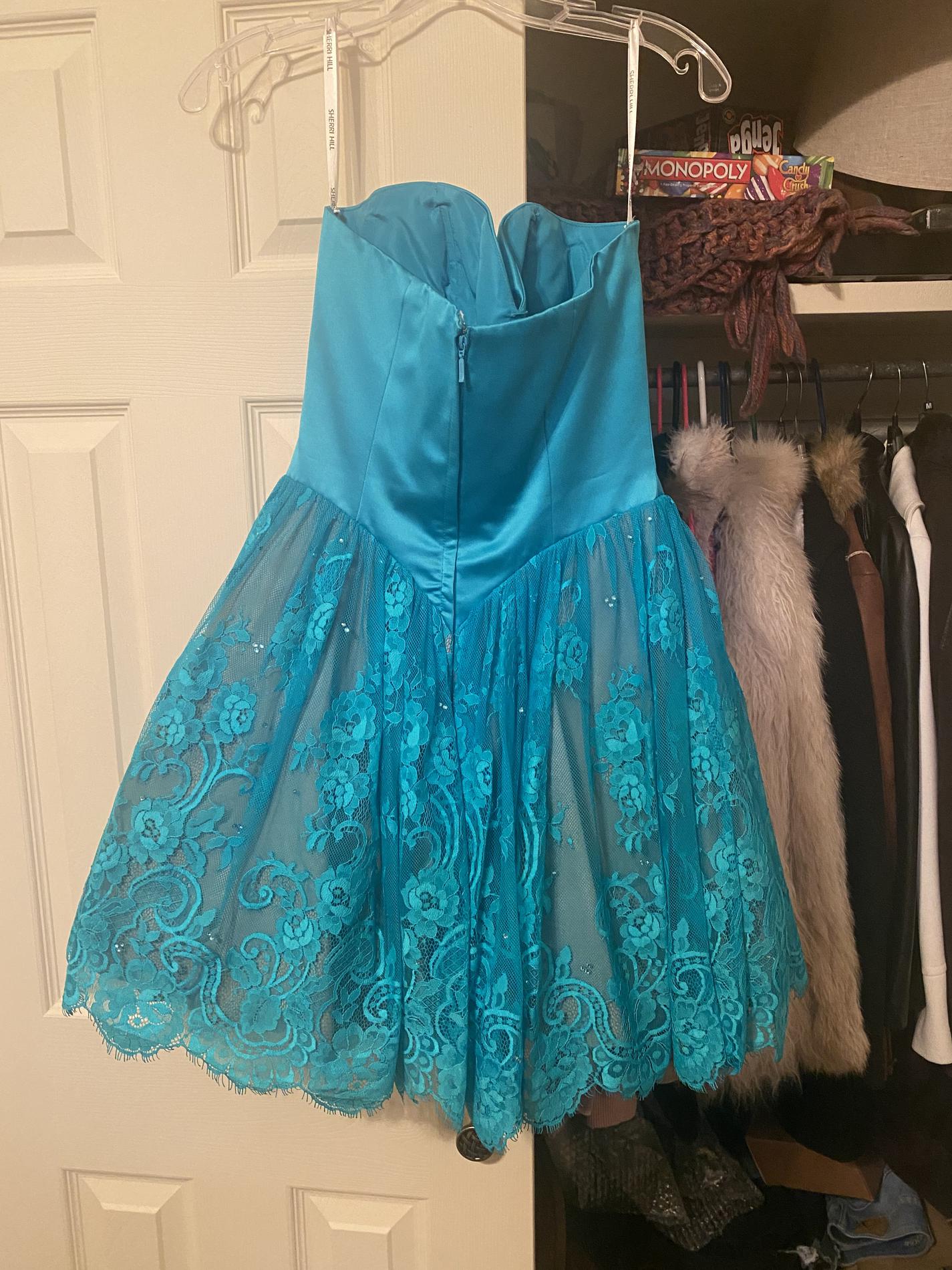 Sherri Hill Size 6 Homecoming Strapless Lace Turquoise Blue Cocktail Dress on Queenly
