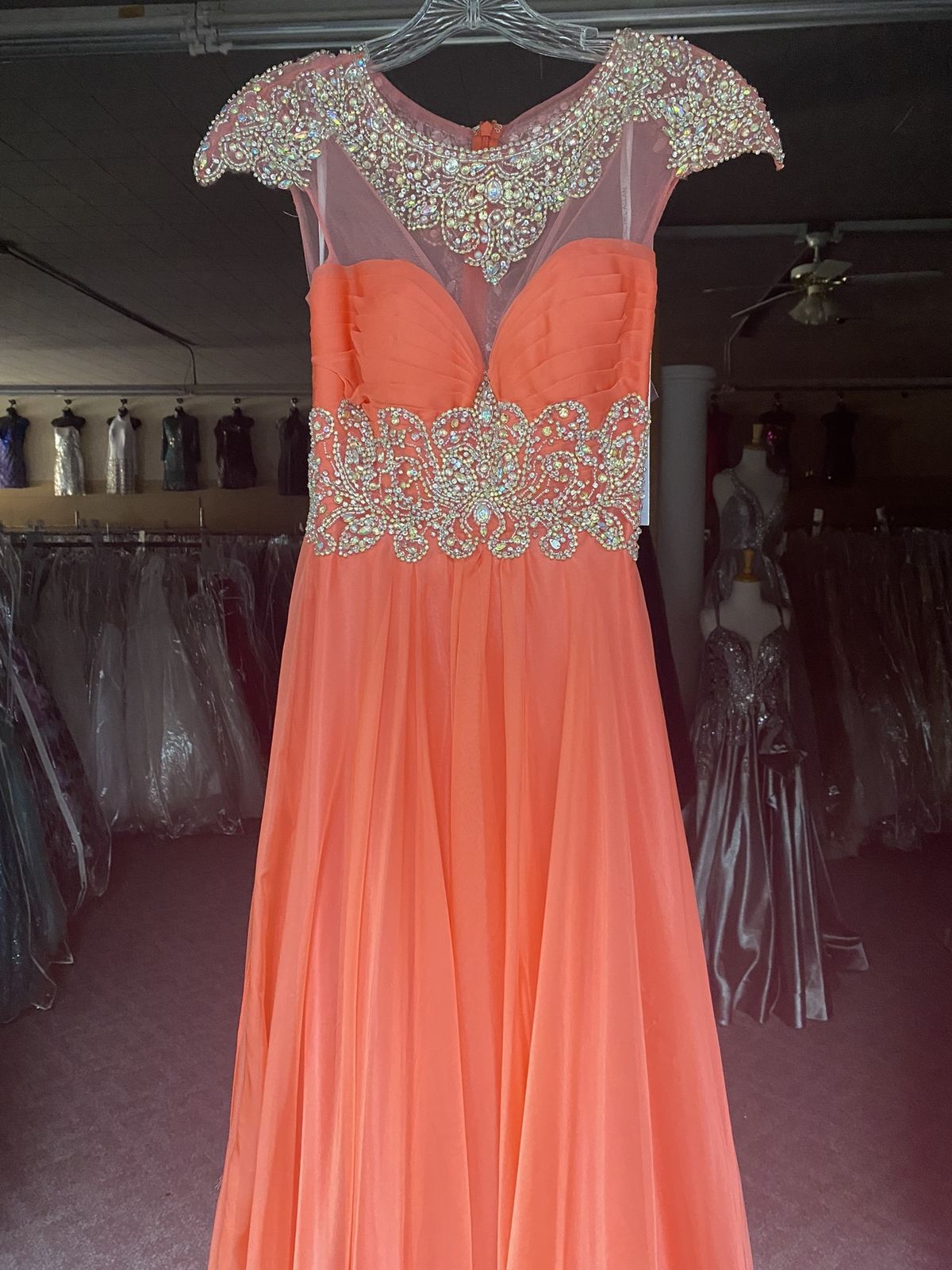 Style 6860 Rachel Allan Size 2 Prom Sheer Coral A-line Dress on Queenly