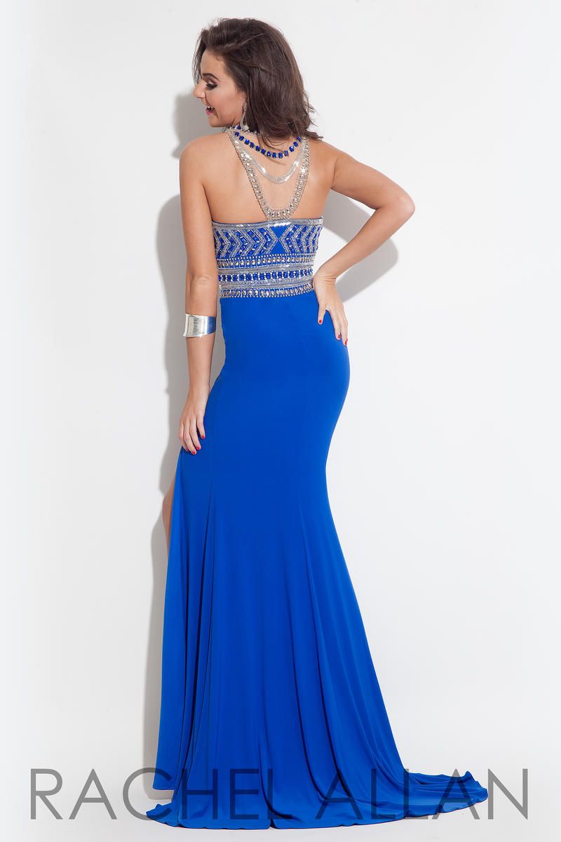 Style 7115RA Rachel Allan Size 4 Prom Halter Sequined Royal Blue Side Slit Dress on Queenly