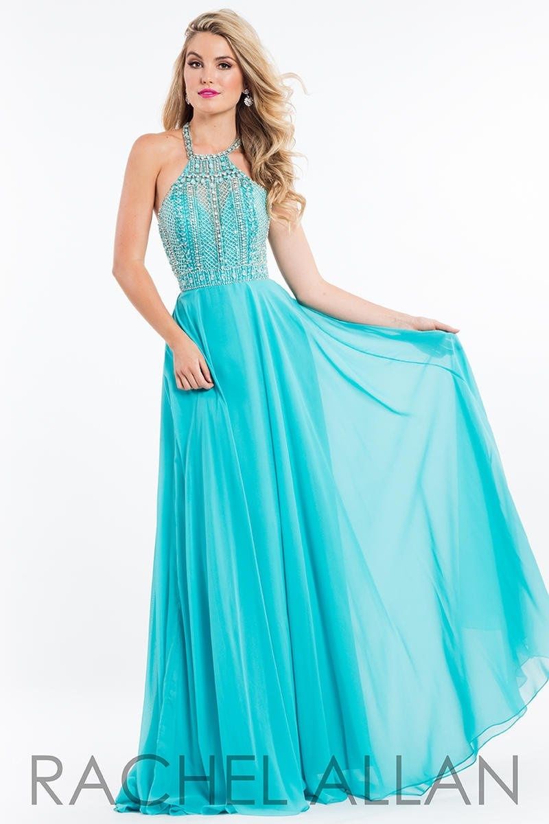 Style 2122 Rachel Allan Size 12 Prom Halter Sequined Turquoise Blue A-line Dress on Queenly