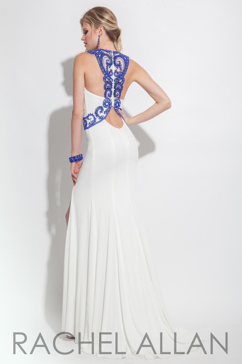 Style 7136RA Rachel Allan Size 4 Prom Halter White Side Slit Dress on Queenly