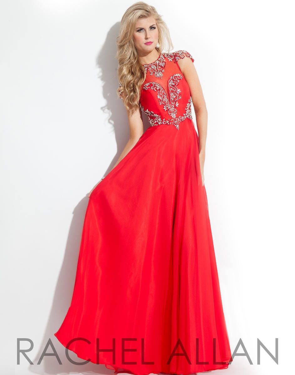 Style 6842 Rachel Allan Size 12 Prom Cap Sleeve Sheer Red A-line Dress on Queenly