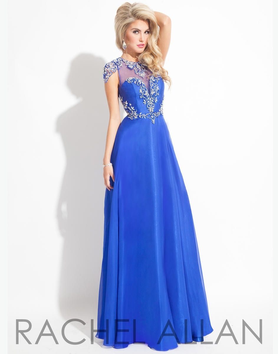 Style 6842 Rachel Allan Size 12 Prom Cap Sleeve Sheer Royal Blue A-line Dress on Queenly