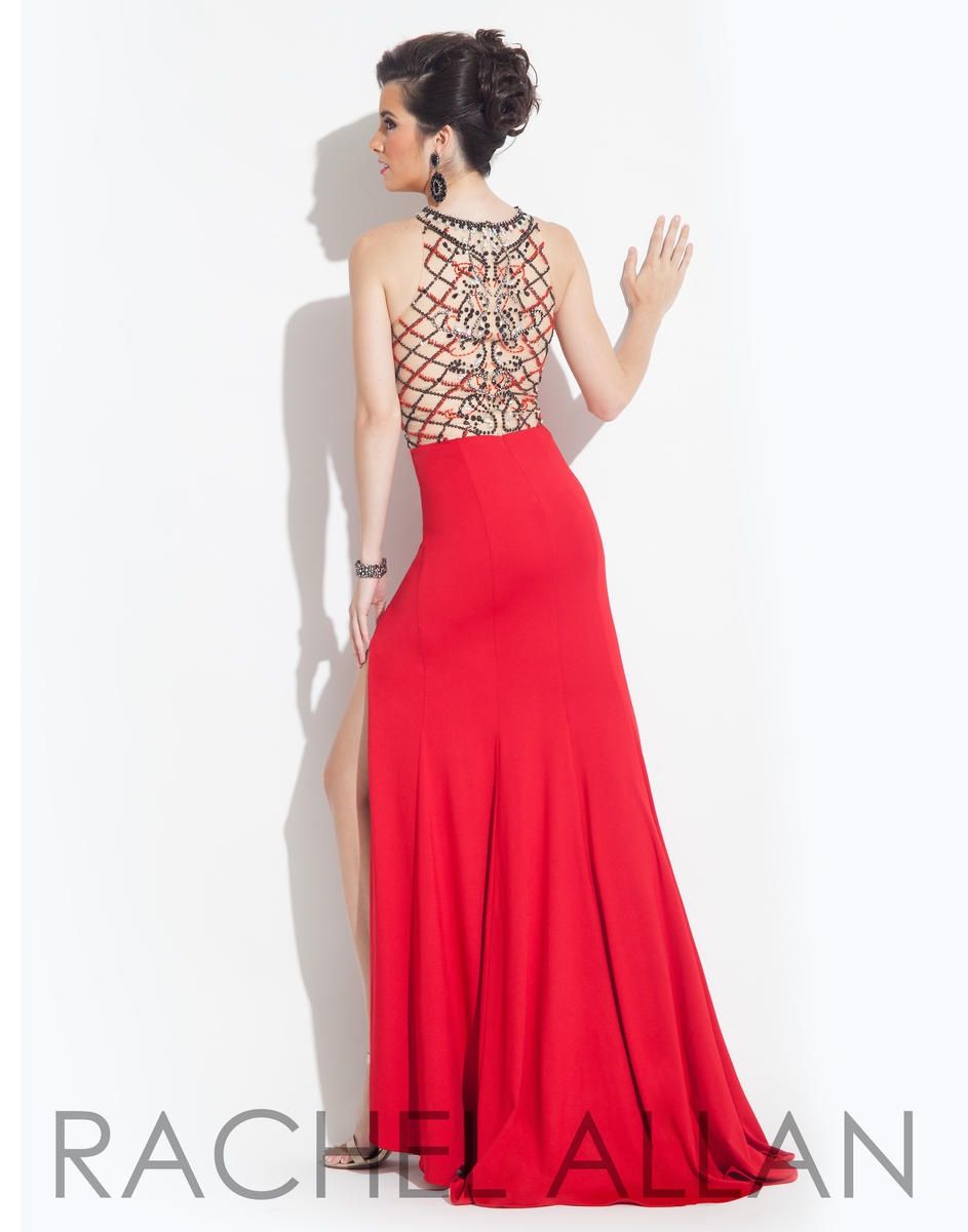 Style 6848 Rachel Allan Red Size 16 Pageant Holiday Tall Height Sheer Prom Side slit Dress on Queenly