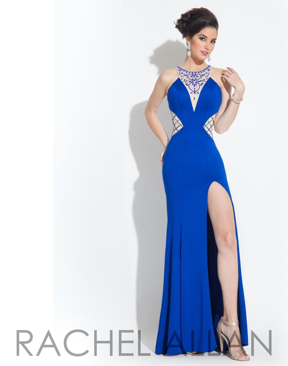 Style 6848 Rachel Allan Size 8 Prom Sheer Royal Blue Side Slit Dress on Queenly