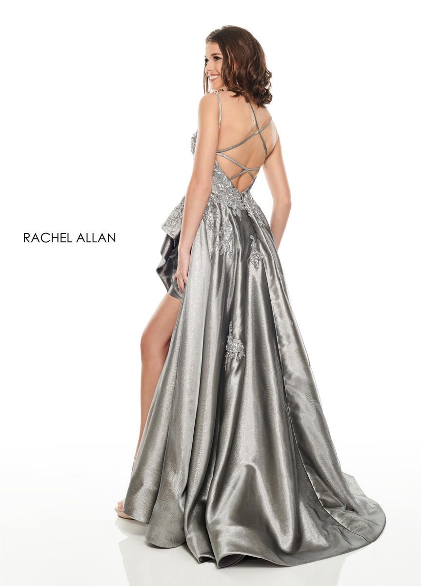 Style 7051 Rachel Allan Size 12 Prom Silver Side Slit Dress on Queenly