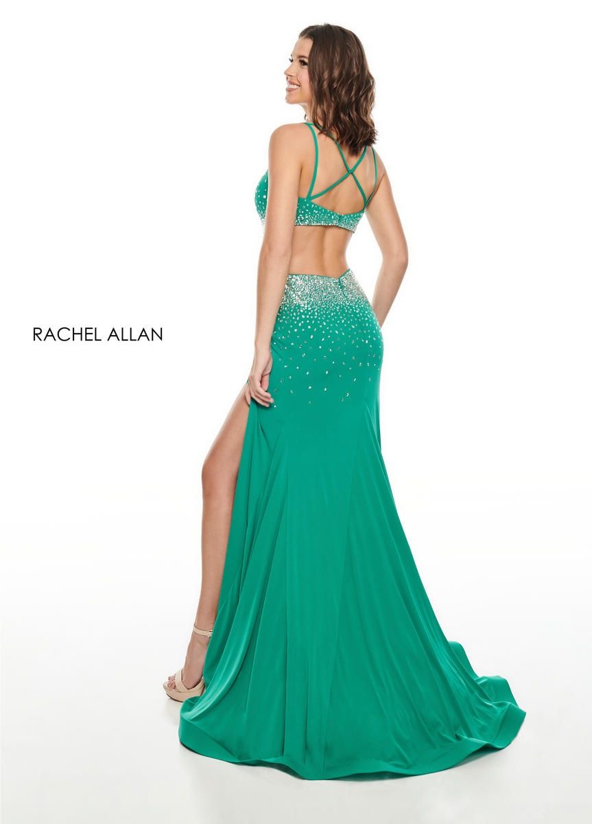 Style 7081 Rachel Allan Size 8 Prom Green Side Slit Dress on Queenly