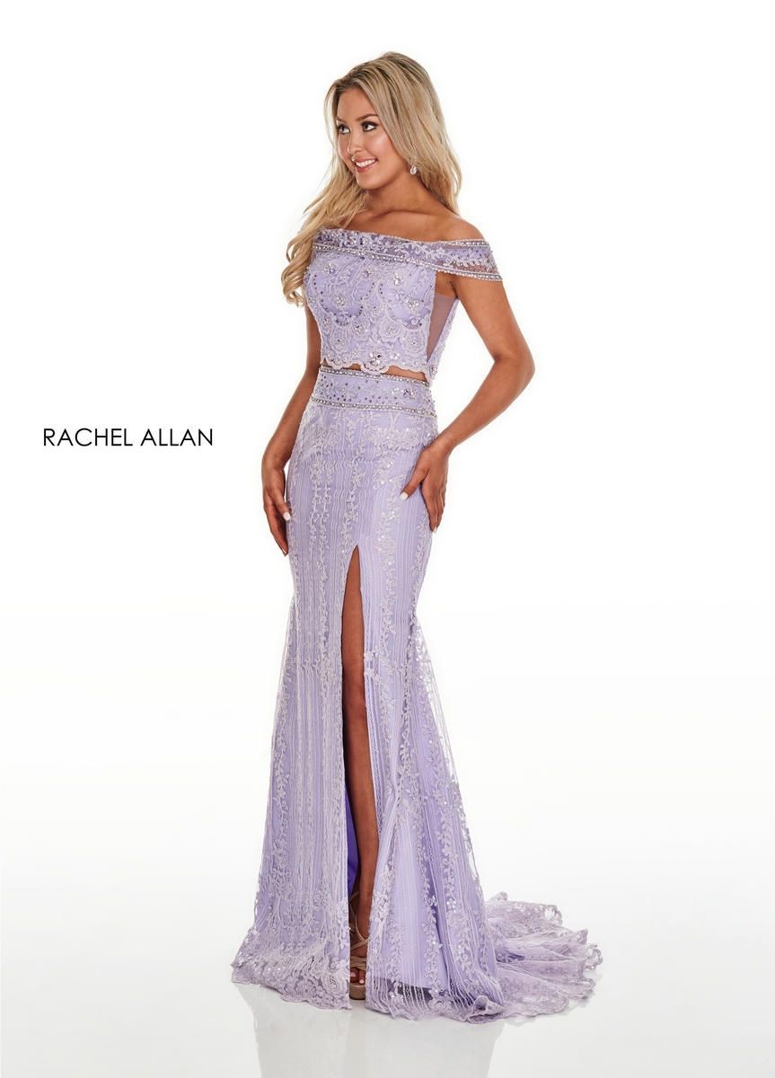 Style 7007 Rachel Allan Size 8 Prom Lace Purple Side Slit Dress on Queenly