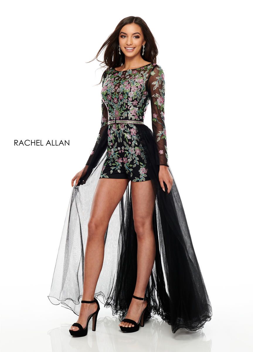 Style 7026 Rachel Allan Size 8 Prom Long Sleeve Floral Black Formal Jumpsuit on Queenly