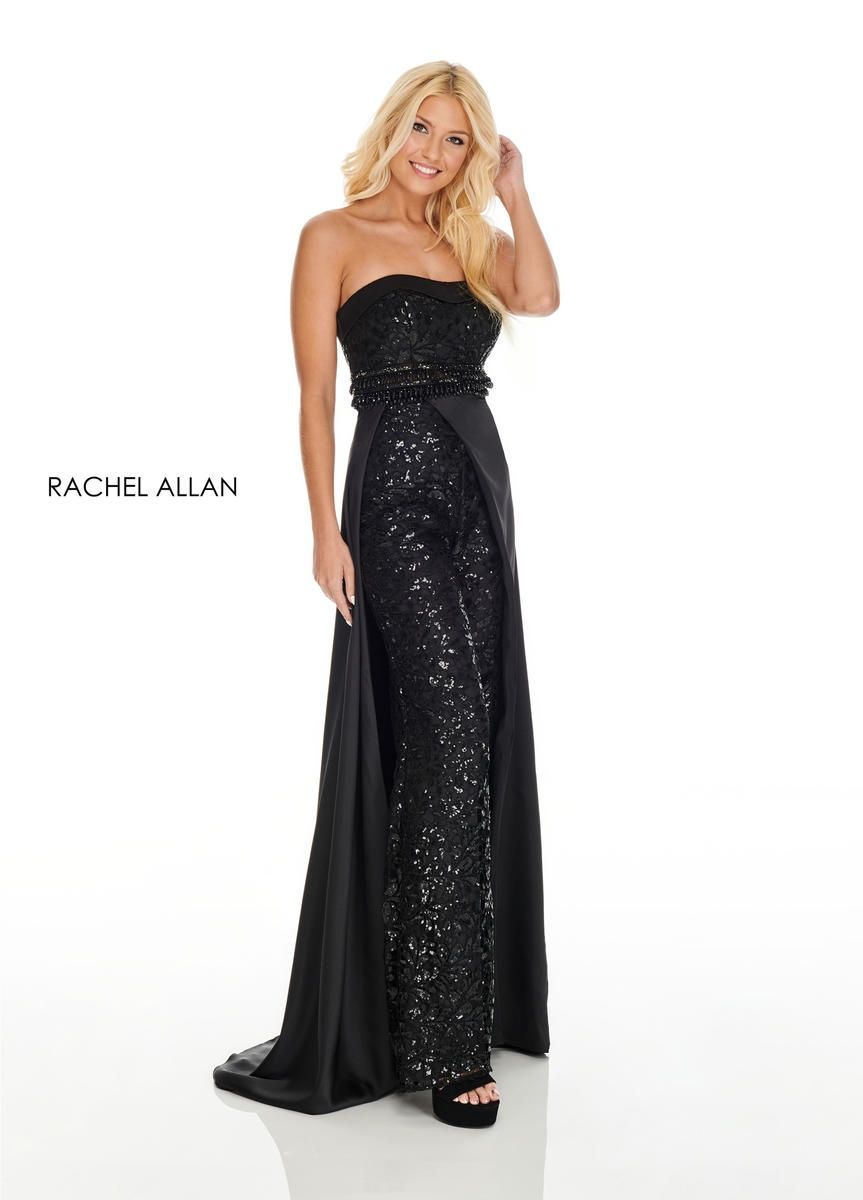 Style 7102 Rachel Allan Size 2 Prom Strapless Satin Black Formal Jumpsuit on Queenly