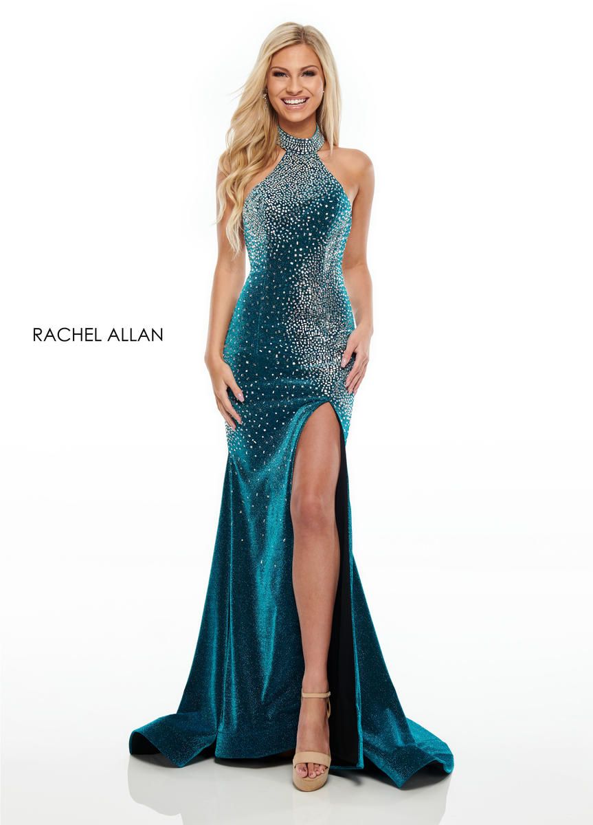 Style 7197 Rachel Allan Size 8 Prom Halter Sequined Turquoise Blue Side Slit Dress on Queenly