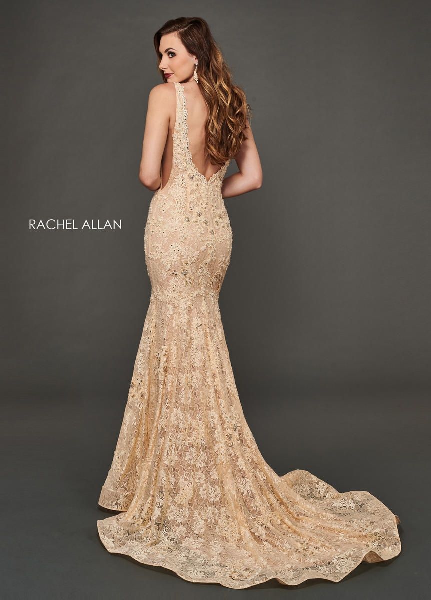 Style 8388 Rachel Allan Size 8 Prom Lace Gold Mermaid Dress on Queenly