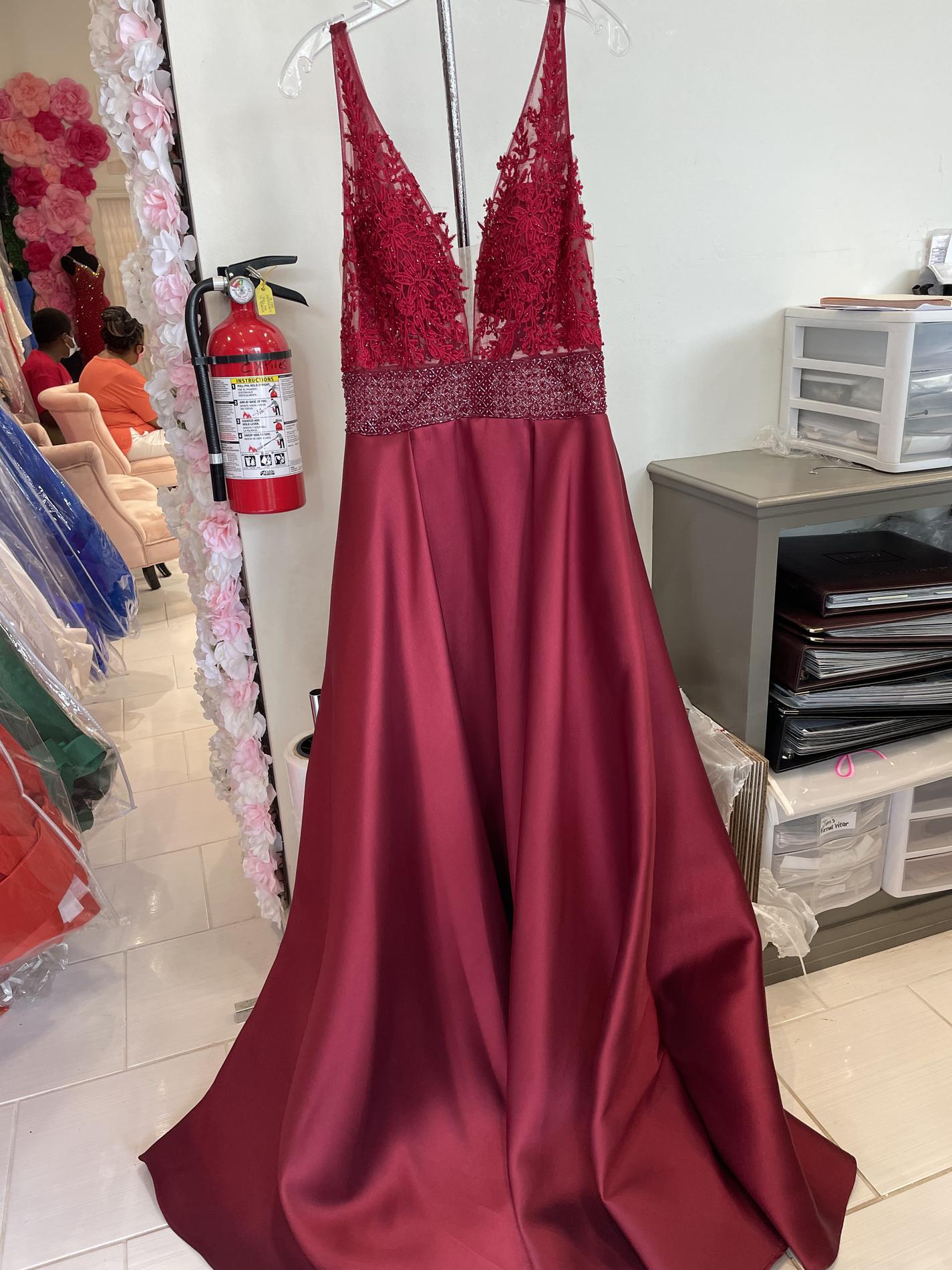 Size 14 Prom Plunge Lace Burgundy Red Ball Gown on Queenly