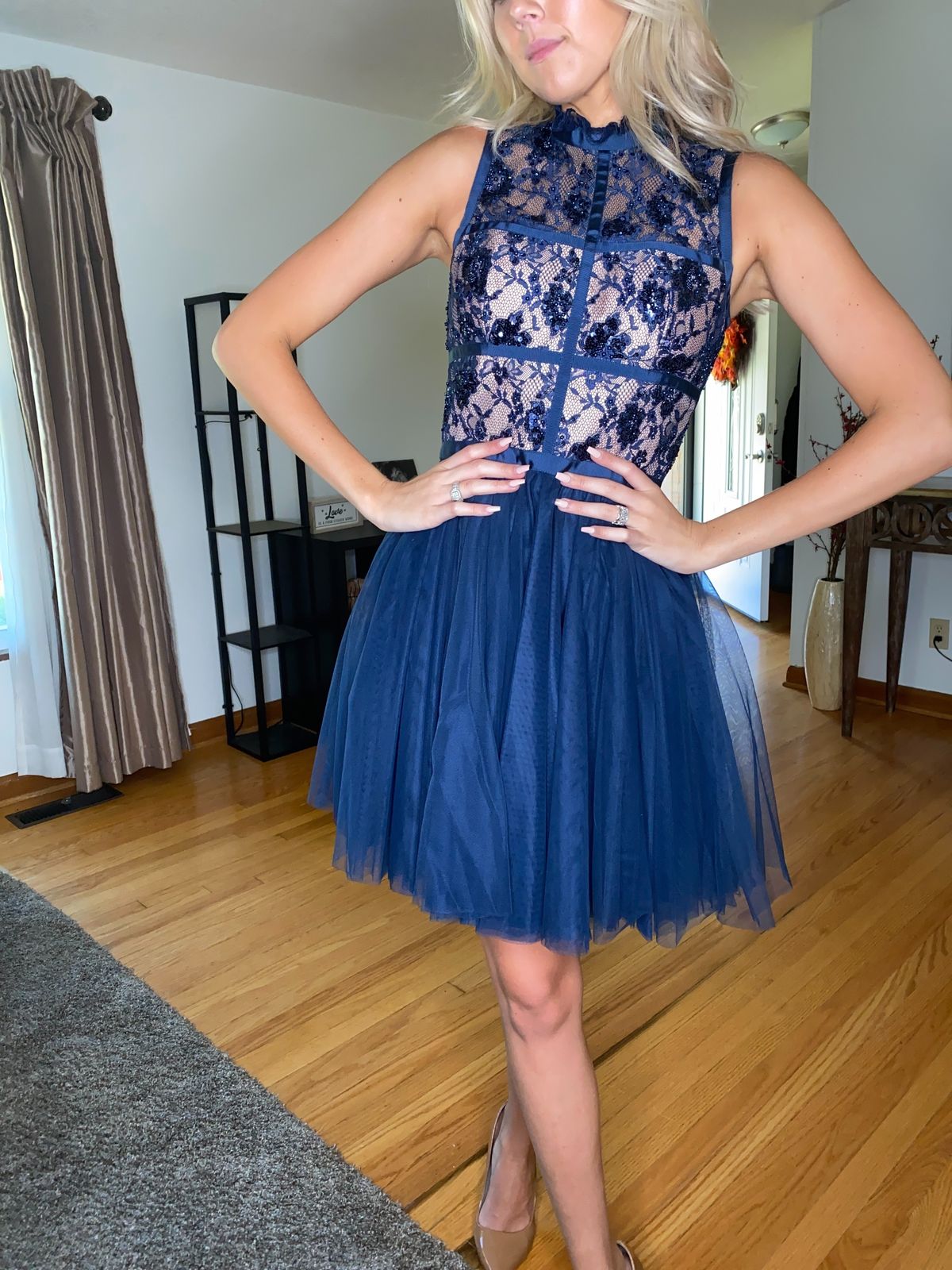 Sherri Hill Size 4 Homecoming High Neck Lace Royal Blue Cocktail Dress on Queenly