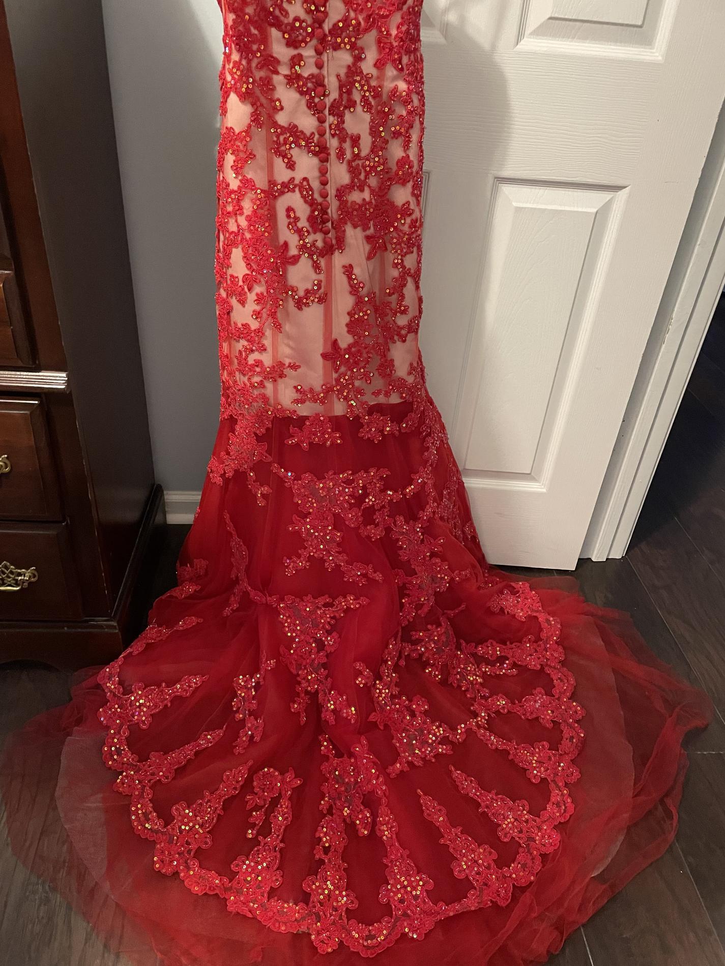Size 4 Prom Strapless Lace Red Mermaid Dress on Queenly