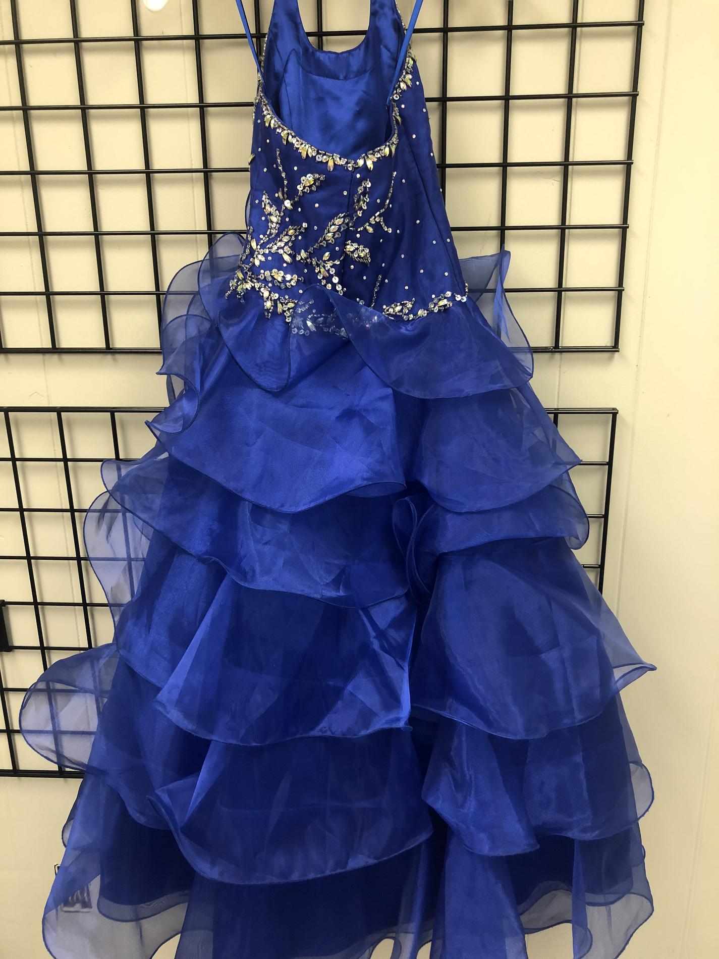 MacDuggal Girls Girls Size 6 Pageant Halter Satin Royal Blue Ball Gown on Queenly