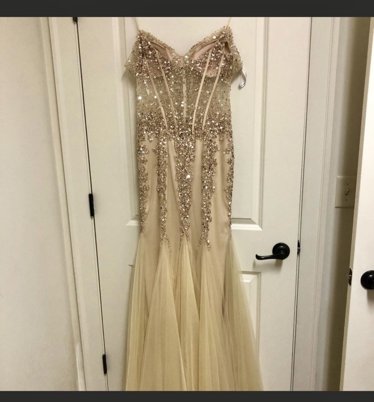 Jovani Size 10 Prom Off The Shoulder Sequined Nude Mermaid Dress on Queenly