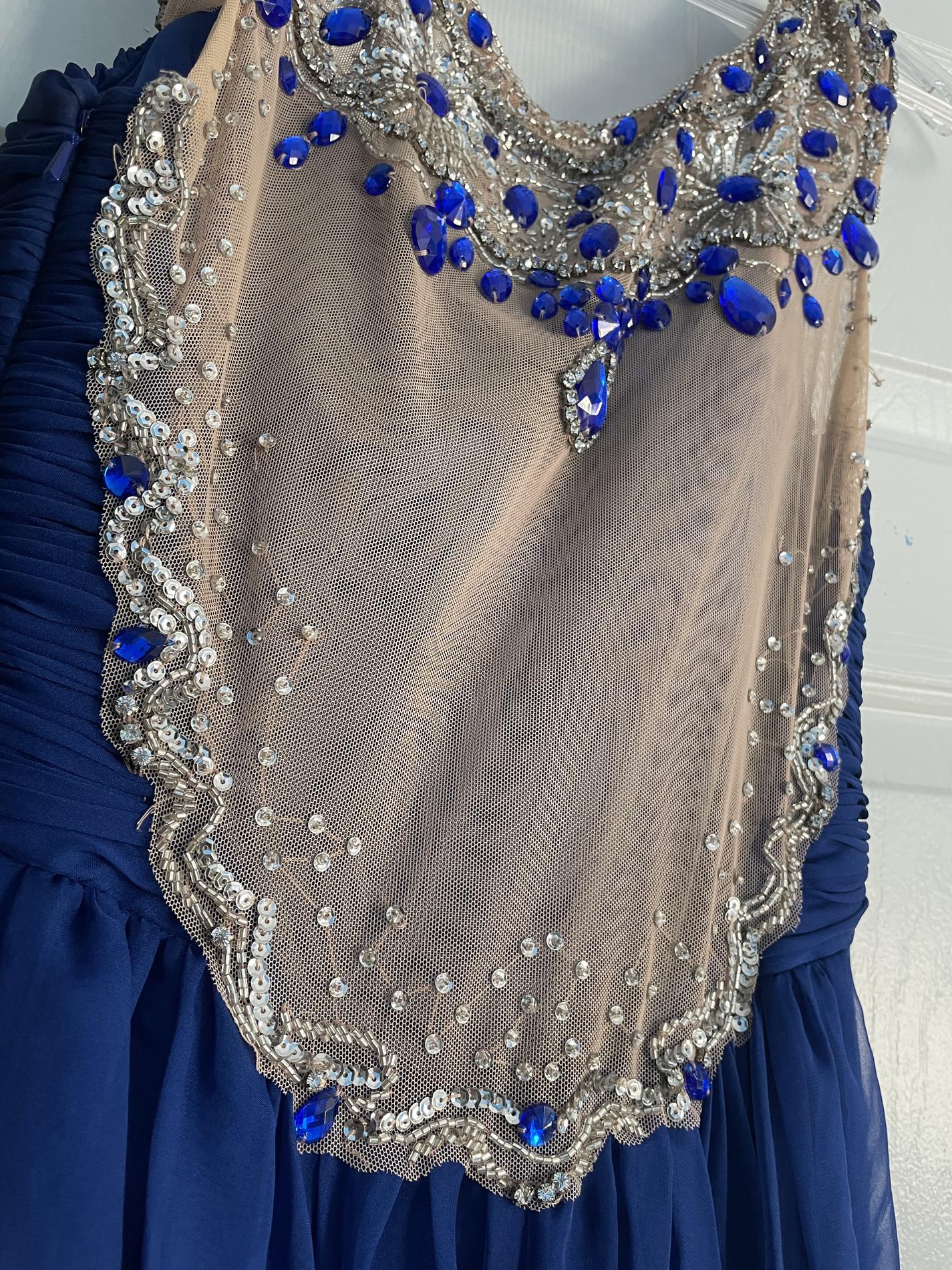 Size 4 Prom Cap Sleeve Sequined Royal Blue Floor Length Maxi on Queenly