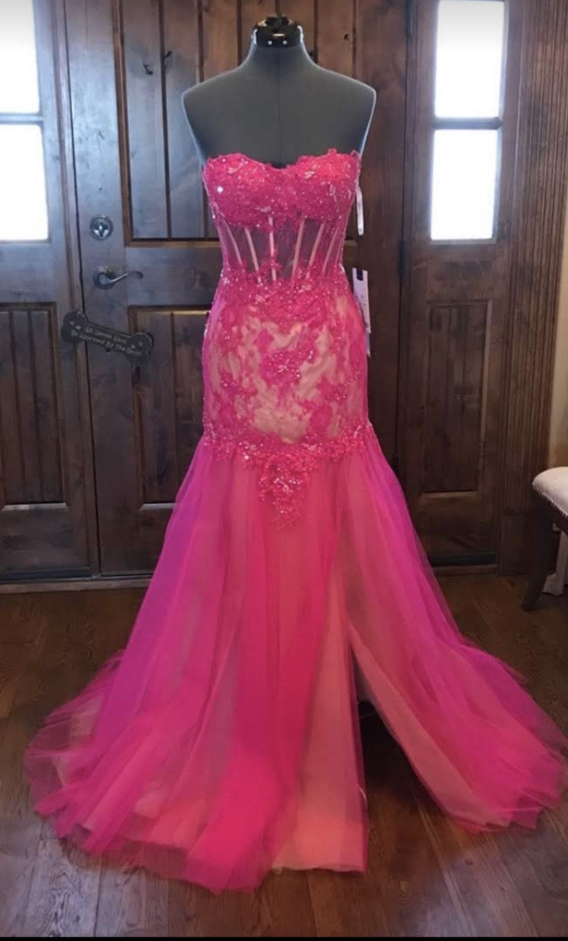Mac Duggal Size 6 Prom Strapless Lace Hot Pink Mermaid Dress on Queenly