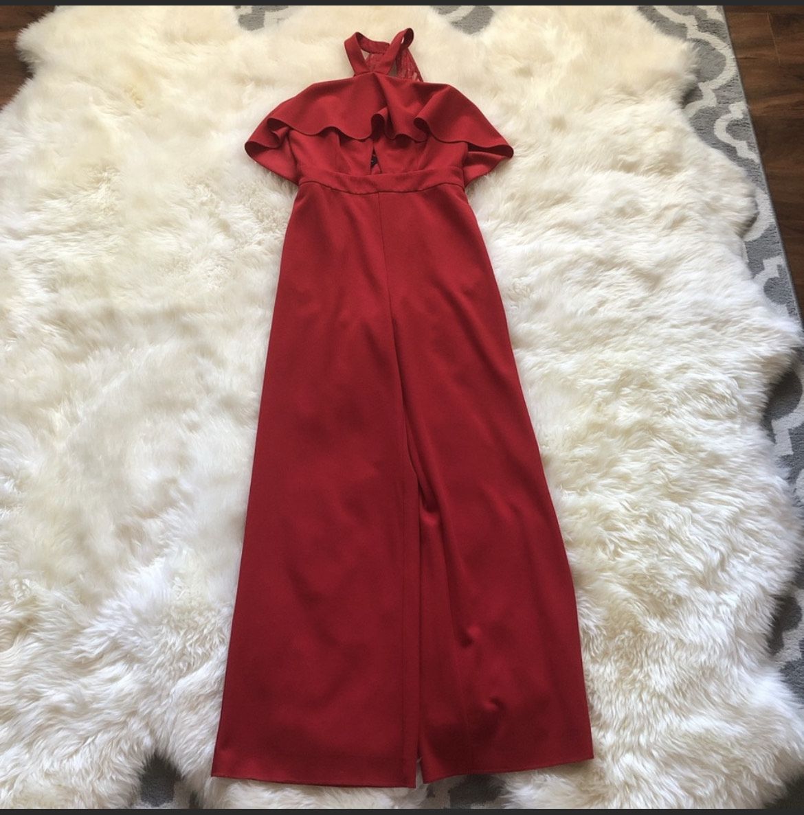 Bebe Size 6 Lace Red Formal Jumpsuit on Queenly