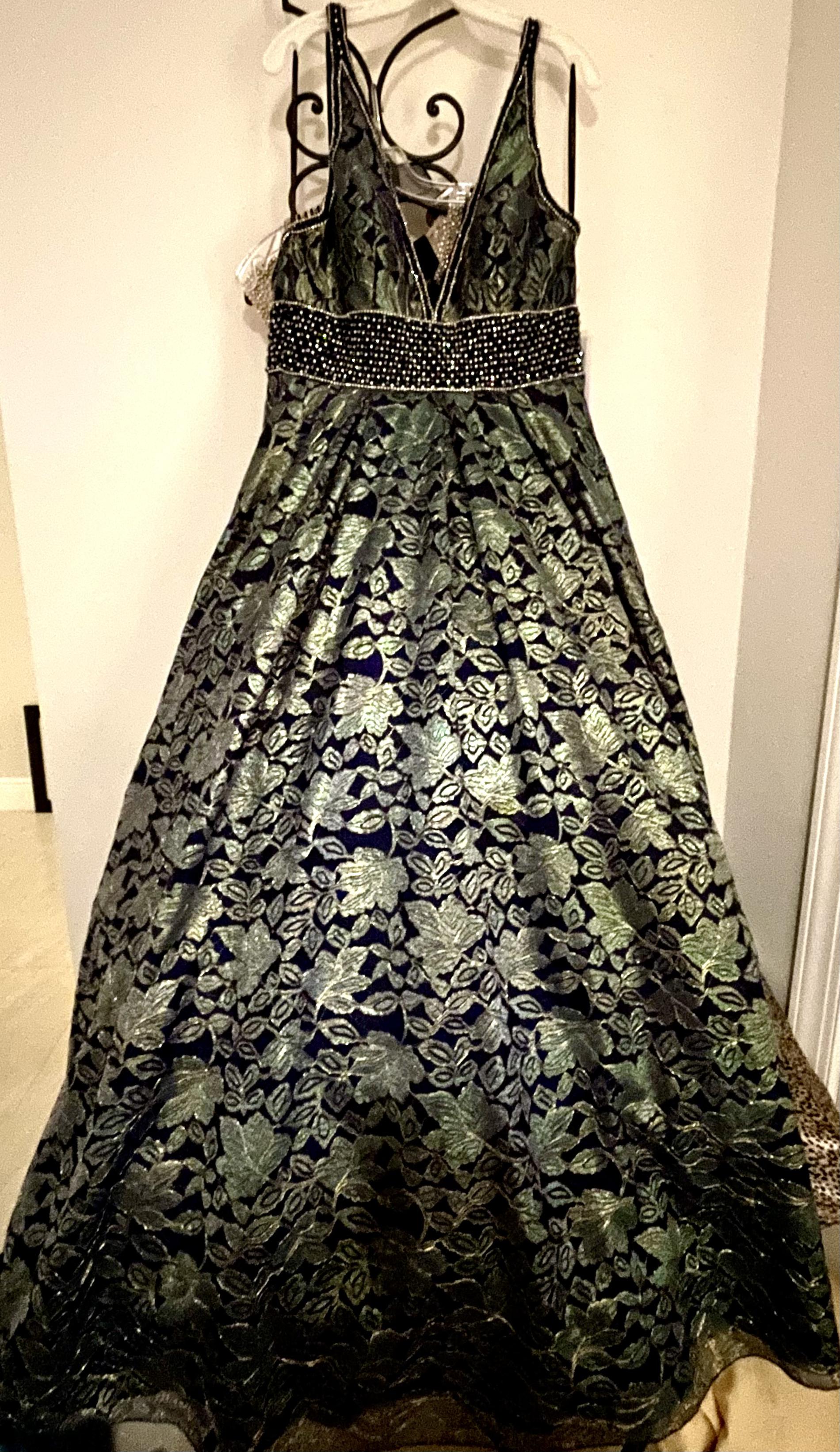 Madison James Size 10 Pageant Navy Green Ball Gown on Queenly
