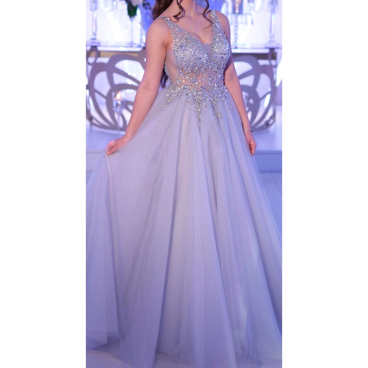 Jovani Size 4 Prom Plunge Sequined Light Blue Ball Gown on Queenly