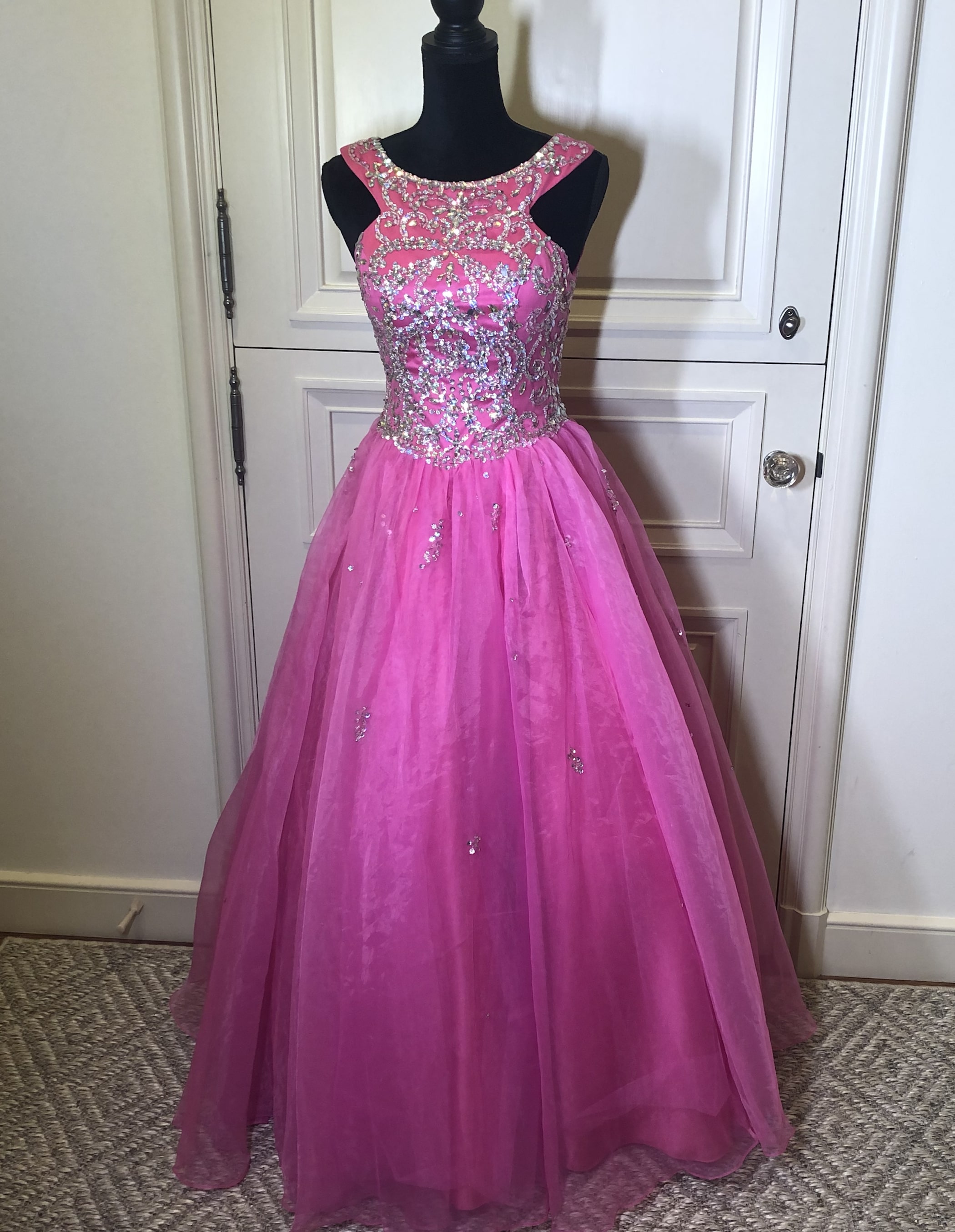 Size 0 Prom High Neck Hot Pink Ball Gown on Queenly