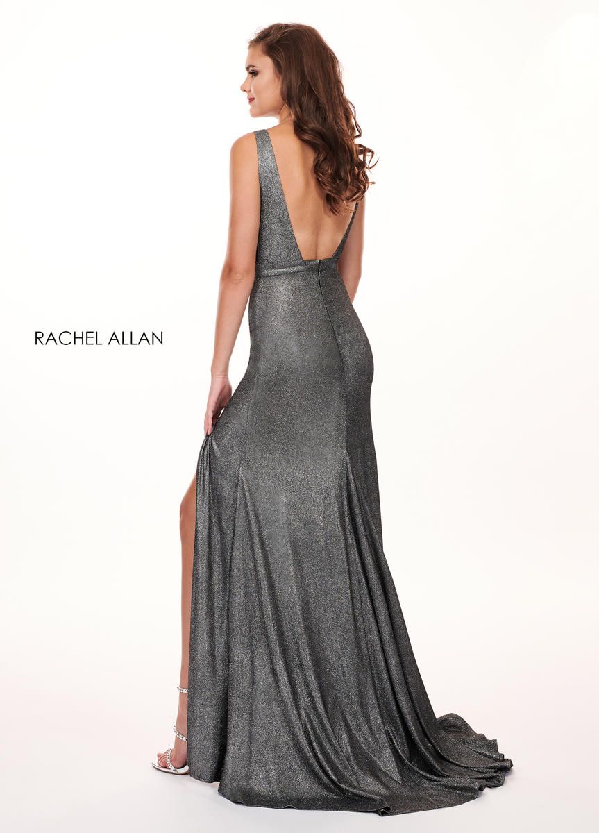 Style 6529 Rachel Allan Silver Size 10 Pageant Holiday Tall Height Prom Side slit Dress on Queenly