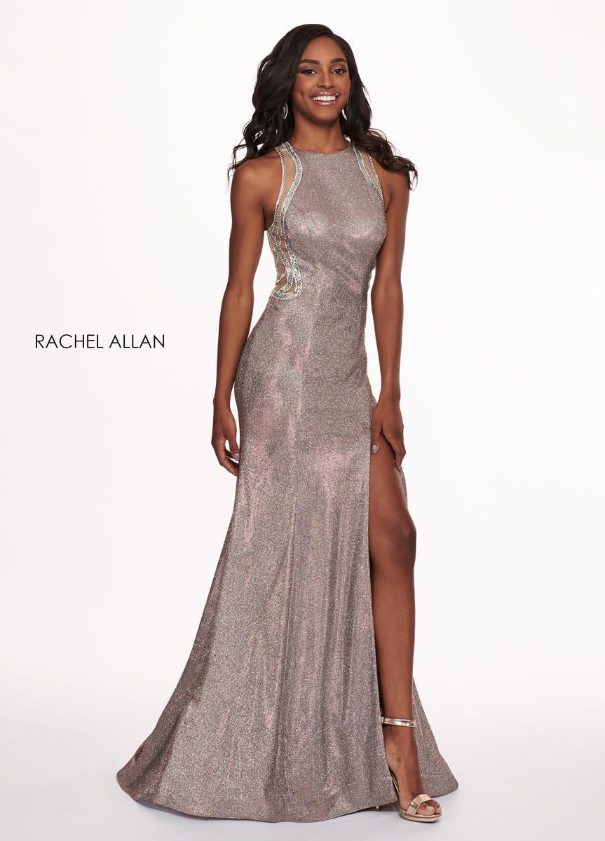 Style 6491 Rachel Allan Size 10 Prom Gold Side Slit Dress on Queenly