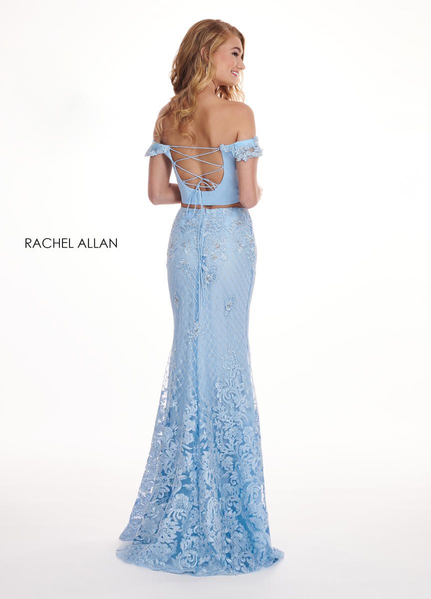 Style 6407 Rachel Allan Size 0 Prom Off The Shoulder Satin Light Blue Mermaid Dress on Queenly