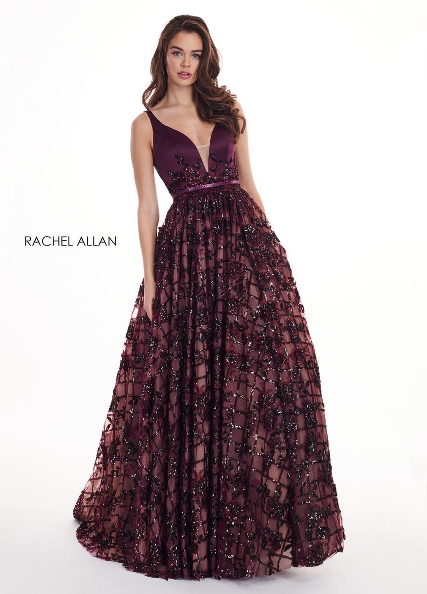 Style 6431 Rachel Allan Size 12 Prom Plunge Satin Burgundy Red Ball Gown on Queenly