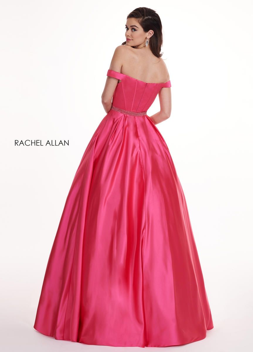 Style 6440 Rachel Allan Size 6 Prom Off The Shoulder Satin Hot Pink Ball Gown on Queenly
