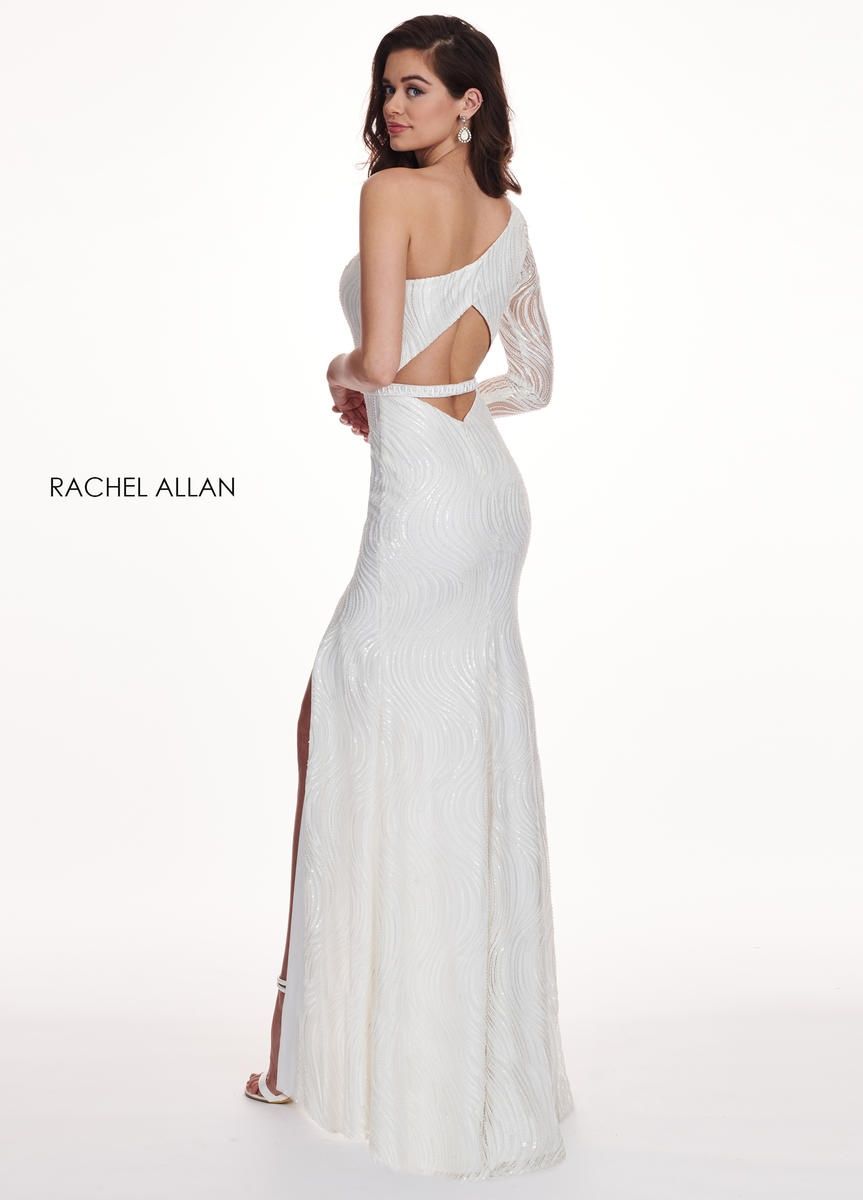 Style 6468 Rachel Allan Size 2 Prom Long Sleeve White Side Slit Dress on Queenly