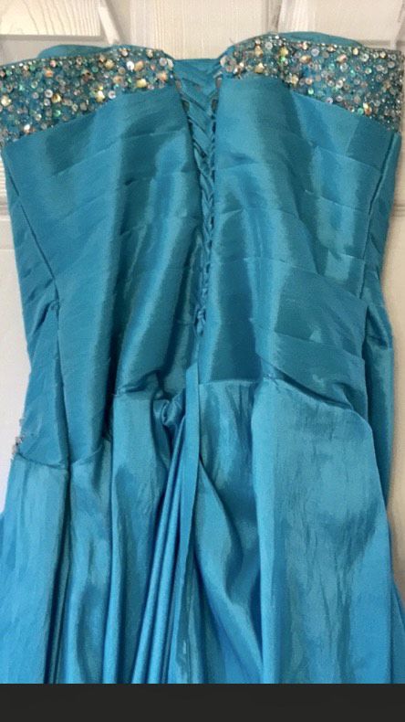 Tony Bowls Plus Size 16 Prom Strapless Turquoise Blue Dress With Train on Queenly