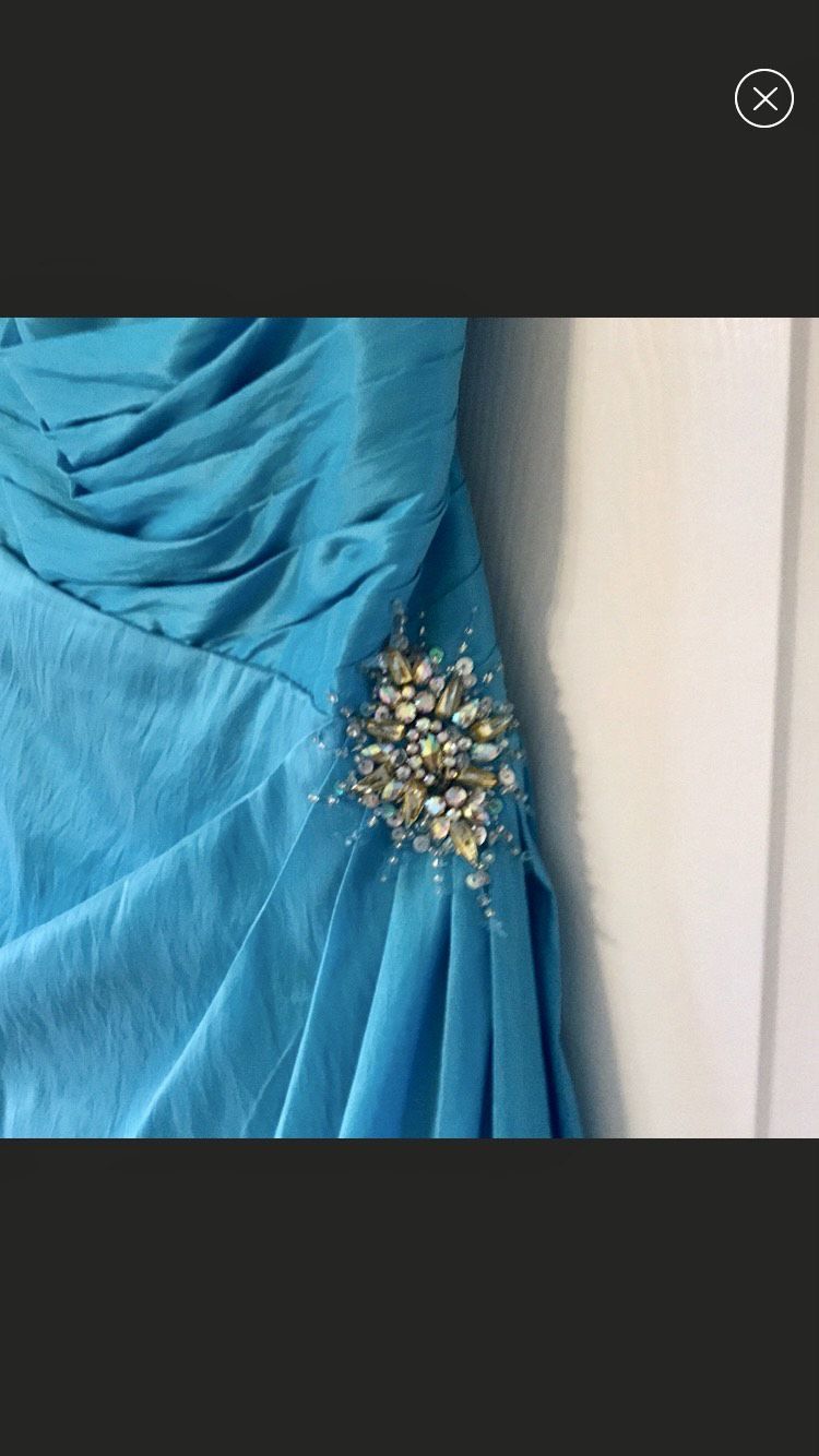 Tony Bowls Plus Size 16 Prom Strapless Turquoise Blue Dress With Train on Queenly