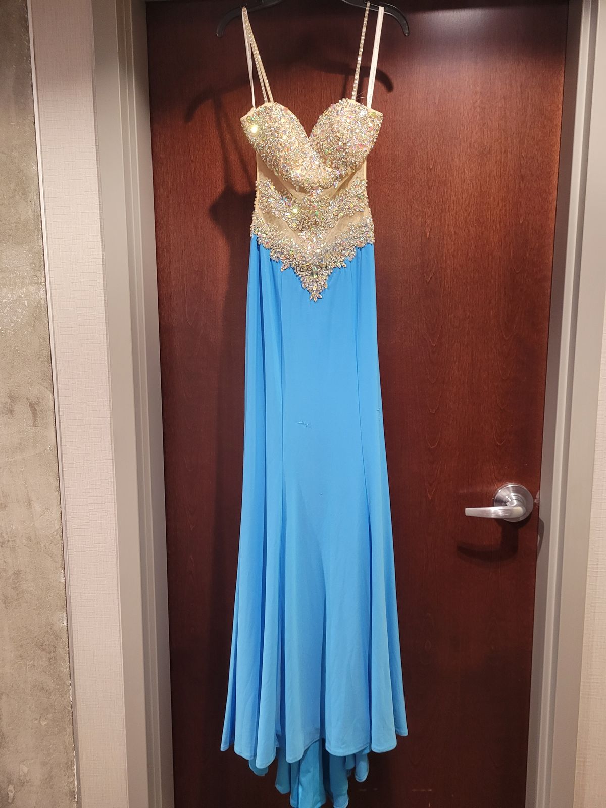 Style 15203 Karishma Creations Size 00 Prom Sequined Light Blue Floor Length Maxi on Queenly