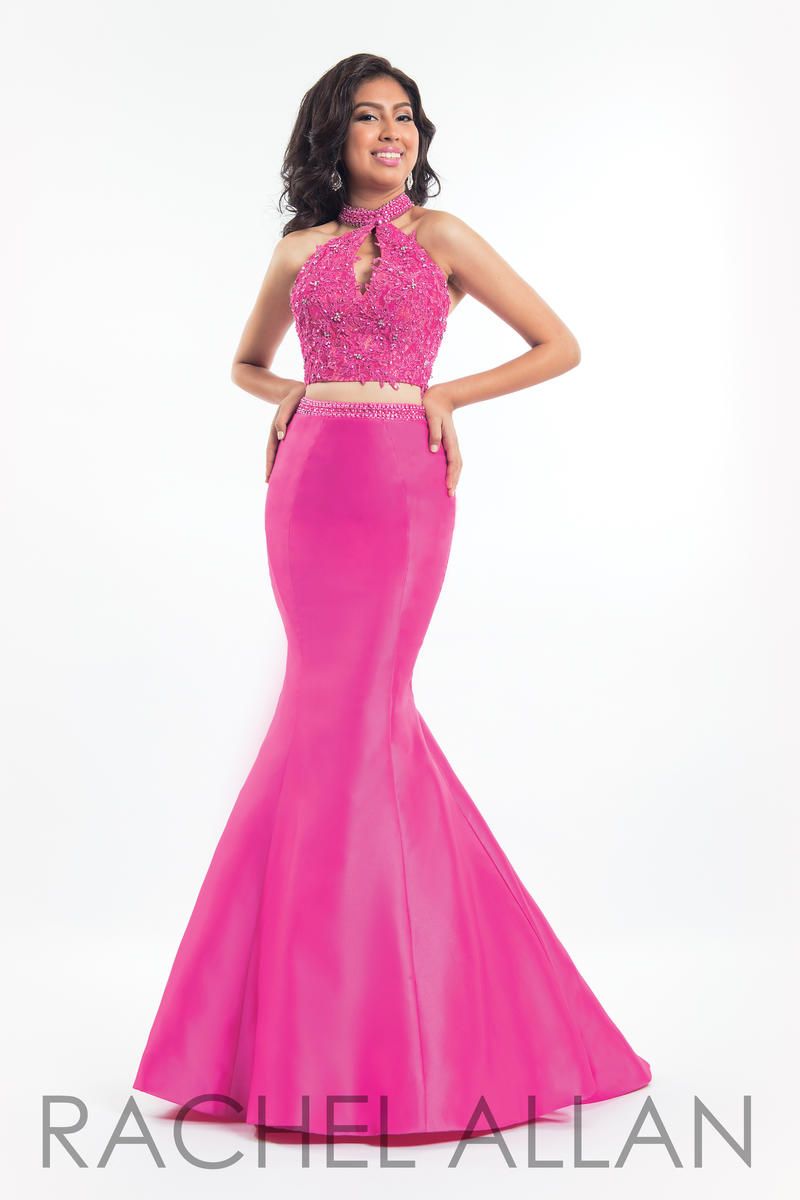 Style 6031 Rachel Allan Size 10 Prom High Neck Lace Hot Pink Mermaid Dress on Queenly