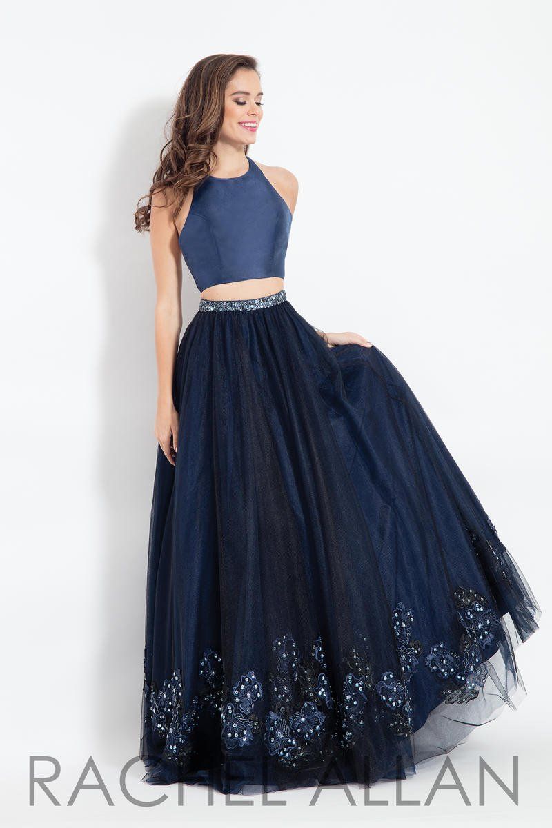 Style 6099 Rachel Allan Size 6 Prom Satin Navy Blue Ball Gown on Queenly