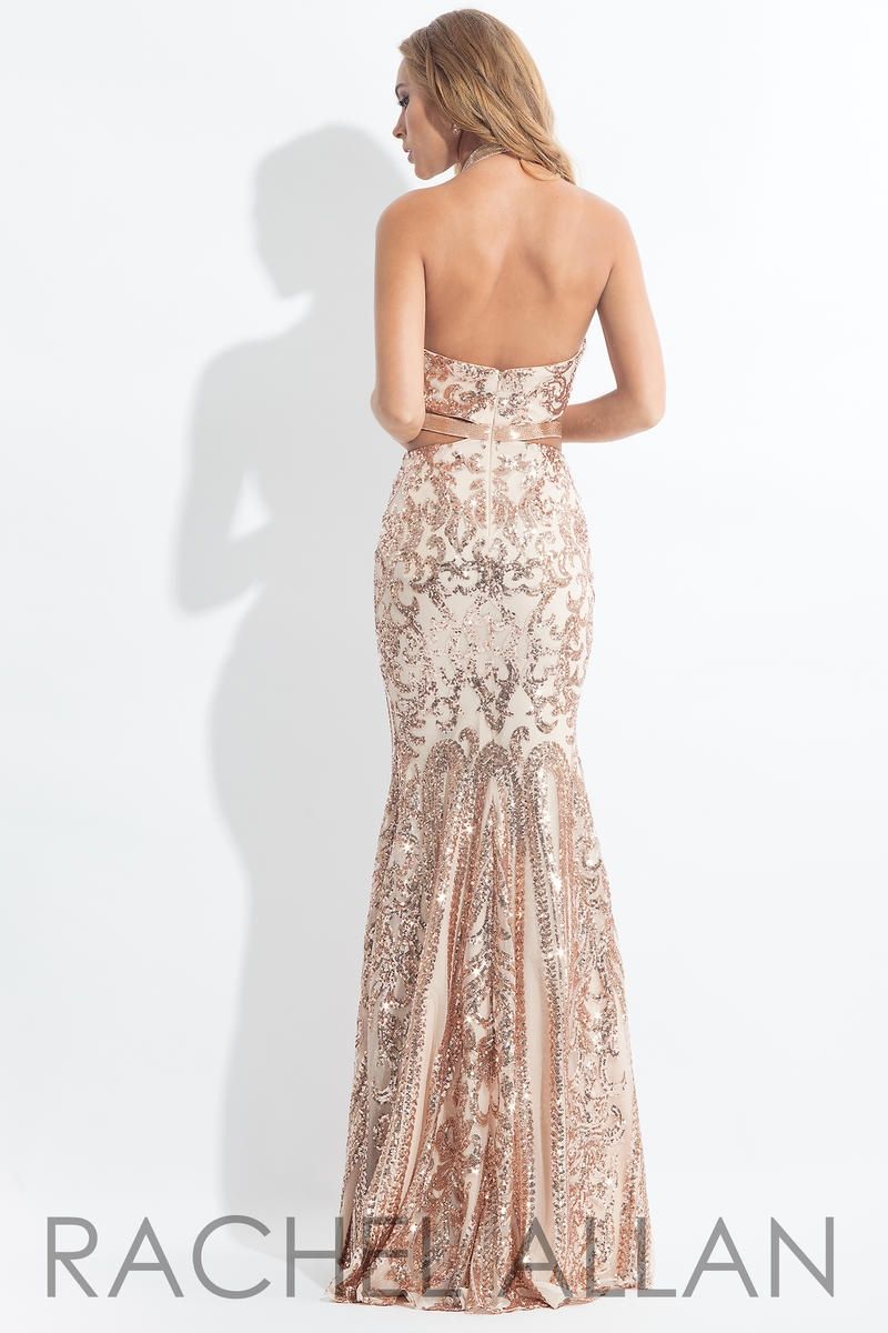 Style 6179 Rachel Allan Size 8 Prom Halter Sequined Rose Gold Mermaid Dress on Queenly
