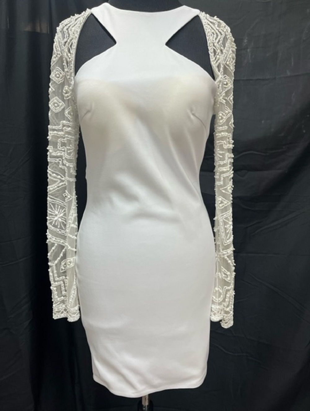 Style L1115 Rachel Allan Size 4 Prom Long Sleeve Sheer White Cocktail Dress on Queenly