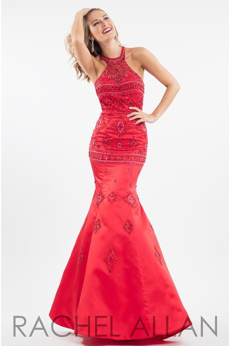 Style 7500 Rachel Allan Size 8 Prom Satin Red Mermaid Dress on Queenly