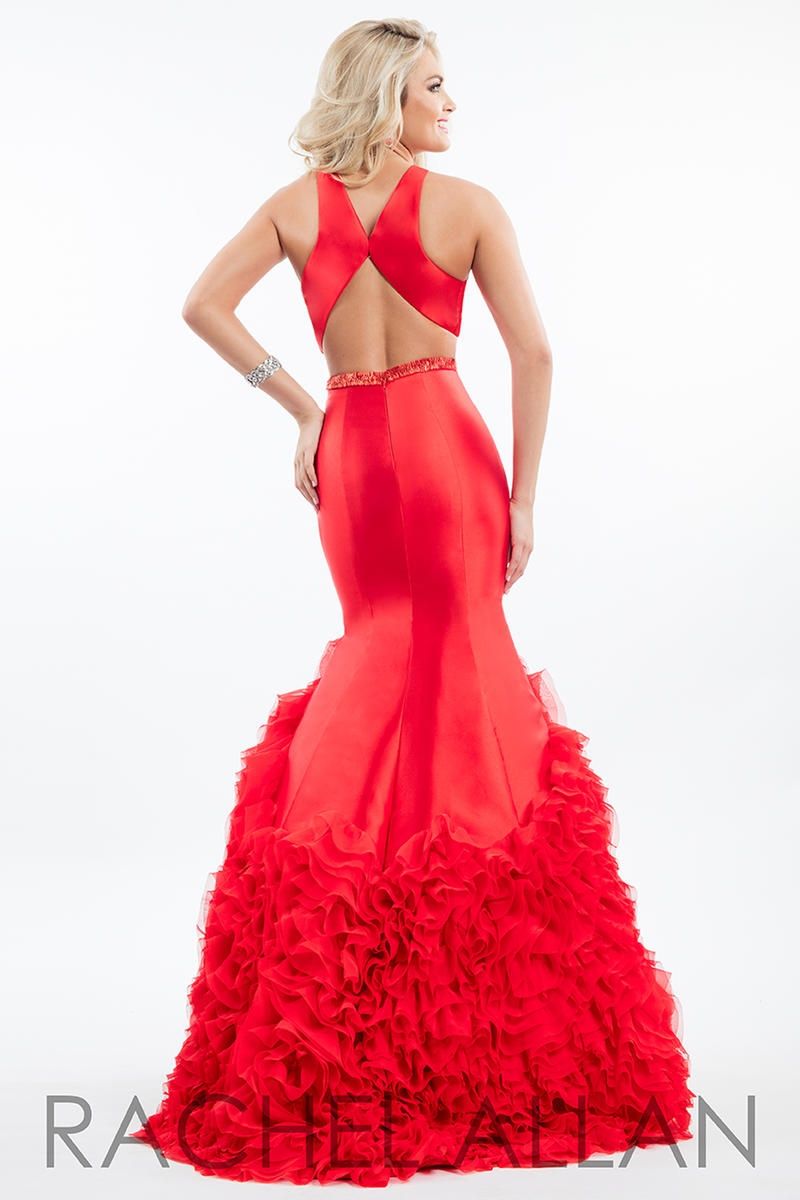 Style 7521 Rachel Allan Size 4 Prom Halter Satin Red Mermaid Dress on Queenly