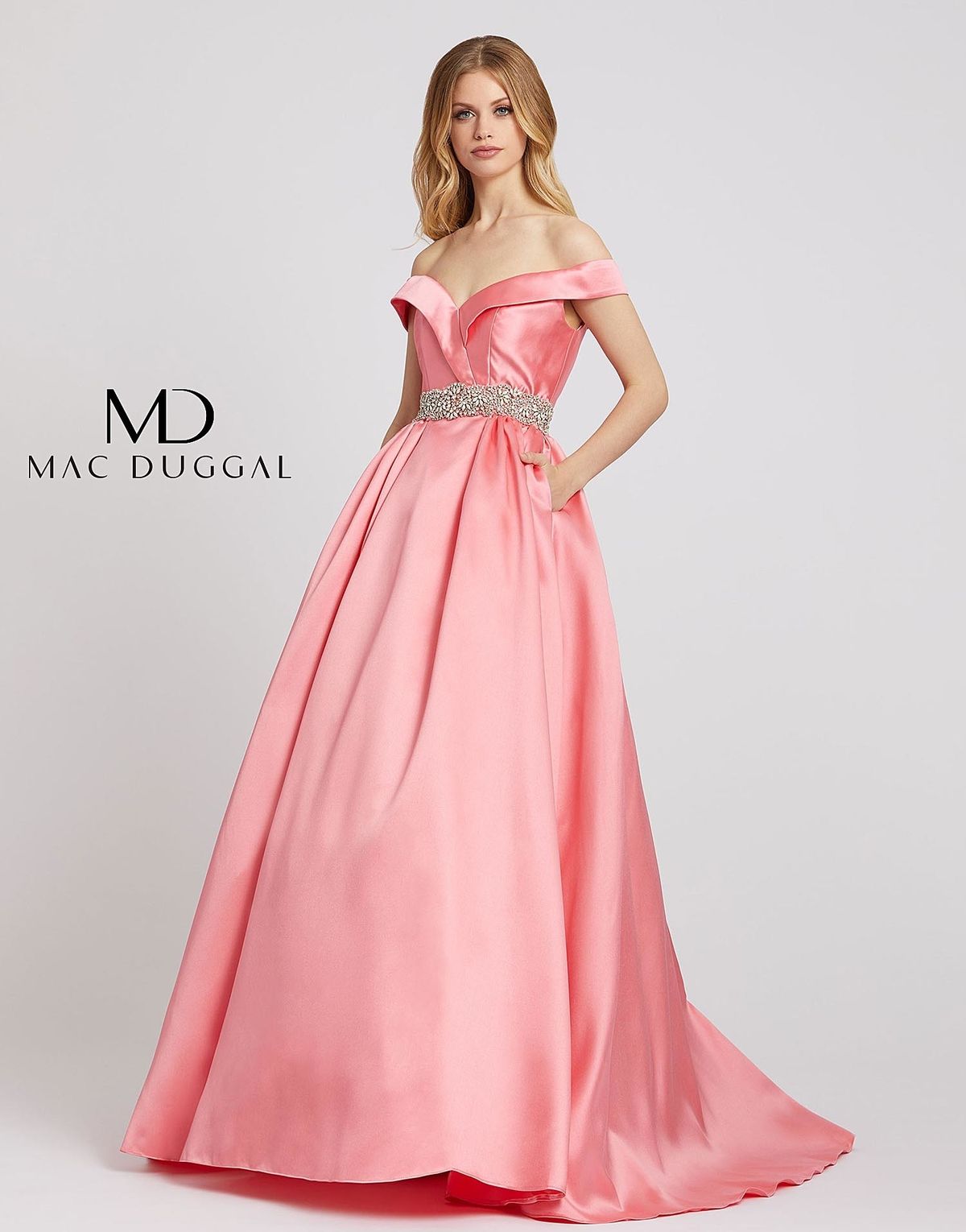 Style 66717 Mac Duggal Size 4 Prom Off The Shoulder Sequined Coral Ball Gown on Queenly