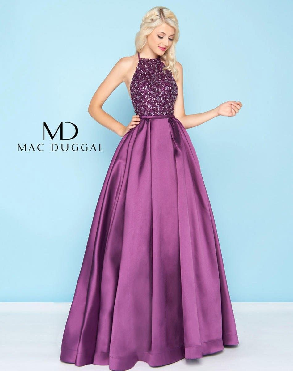 Style 66345 Mac Duggal Purple Size 6 Tall Height High Neck Prom Ball gown on Queenly